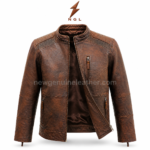 Back view of vintage leather jacket with brown textured leather panel, center back seam, shoulder yoke stitching, and stand collar.