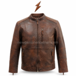 Product specs image of vintage leather jacket showing stand collar, front zip closure, chest zipper pocket, side zip pockets, and brown color swatch.