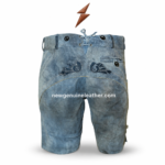 NGL blue grey embroidered lederhosen shorts with washed leather texture, front bib panels, black embroidery, metal buttons, and premium studio setup
