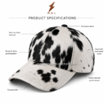 Cowhide leather baseball cap wholesale studio image with curved brim, black spots and white