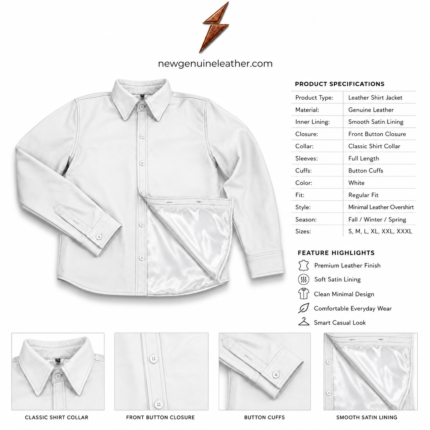 White leather shirt jacket with classic collar and front button closure on white background