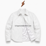 White leather shirt jacket with satin lining and open front detail
