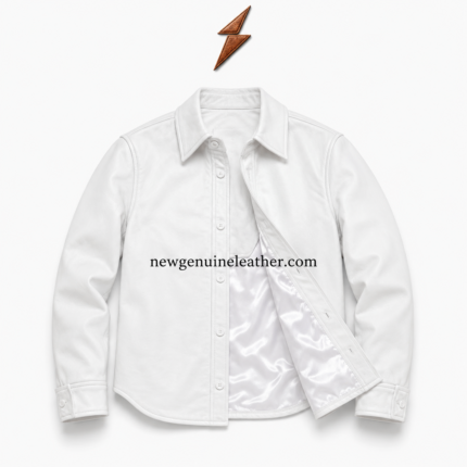 White leather shirt jacket with satin lining and open front detail