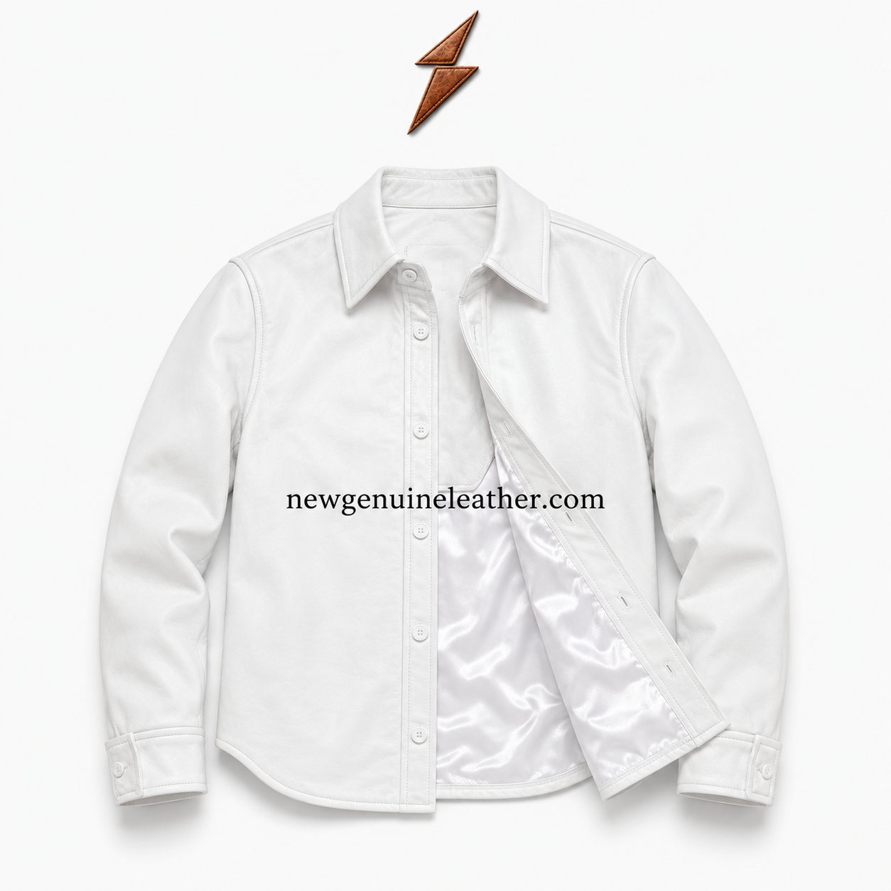 White Leather Shirt Jacket Front View White leather shirt jacket with satin lining and open front detail