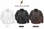 White leather shirt jacket product specifications image with collar buttons cuffs and satin lining