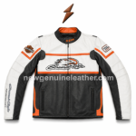 Wholesale biker jacket in white, black, and orange racing design with front zip closure, sleeve patches, and perforated panels.