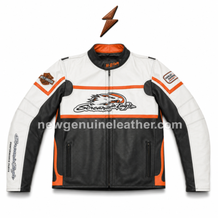 Wholesale biker jacket in white, black, and orange racing design with front zip closure, sleeve patches, and perforated panels.