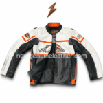 Wholesale biker jacket with orange accent strips, black perforated front panels, white sleeves, and motorcycle-style chest artwork.