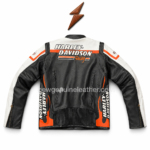 Wholesale biker jacket showing stand collar, orange inner lining, black mesh lining, and front zipper opening.