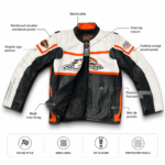 Wholesale biker jacket with white sleeve panels, black inner sleeves, orange shoulder trim, and patch logo placement.