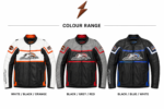 Wholesale biker jacket with vertical zip pockets, perforated black leather-look panels, and white orange racing graphics.