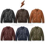 Black quilted biker leather jacket with ribbed sleeves, diagonal chest zippers, snap-tab collar,
