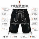 Wholesale black embroidered lederhosen shorts with front flap bib, contrast stitching