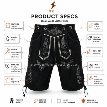 Wholesale black embroidered lederhosen shorts with front flap bib, contrast stitching