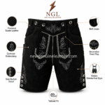 NGL black Bavarian lederhosen shorts with premium suede finish, white traditional embroidery, horn-style buttons, and professional white studio background