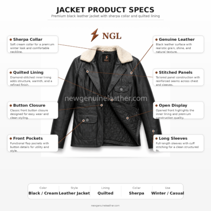 Wholesale black sherpa collar leather jacket for OEM buyers with flap pockets and button closure