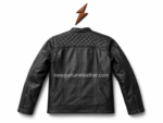 Black sherpa lined leather jacket with biker-style diagonal chest zippers, quilted front panels, and soft winter lining.