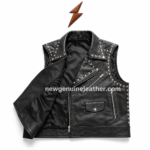 Premium black stud vest with motorcycle-inspired styling, silver studs, zipper pockets, lapel collar, and logo