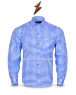 Wholesale Oktoberfest shirt in blue and white gingham with chest pocket, long sleeves and NGL branded product presentation