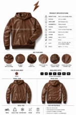 Wholesale brown leather hoodie jacket with shiny leather surface, dark brown cuffs, ribbed waistband, kangaroo pocket, and newgenuineleather.com watermark