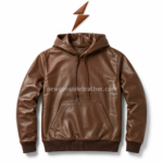 Brown leather hoodie jacket with pullover silhouette, attached hood, matching drawcords, stitched kangaroo pocket, and white studio background