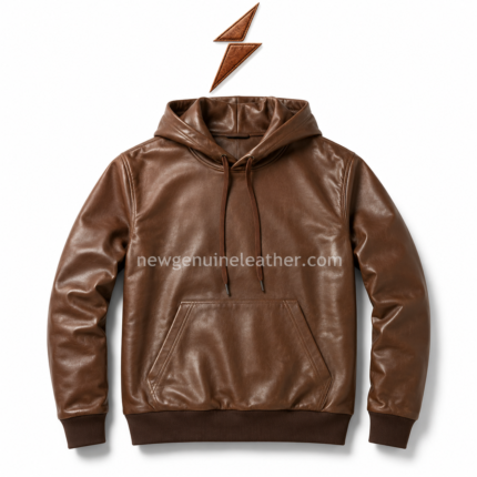 Brown leather hoodie jacket with pullover silhouette, attached hood, matching drawcords, stitched kangaroo pocket, and white studio background