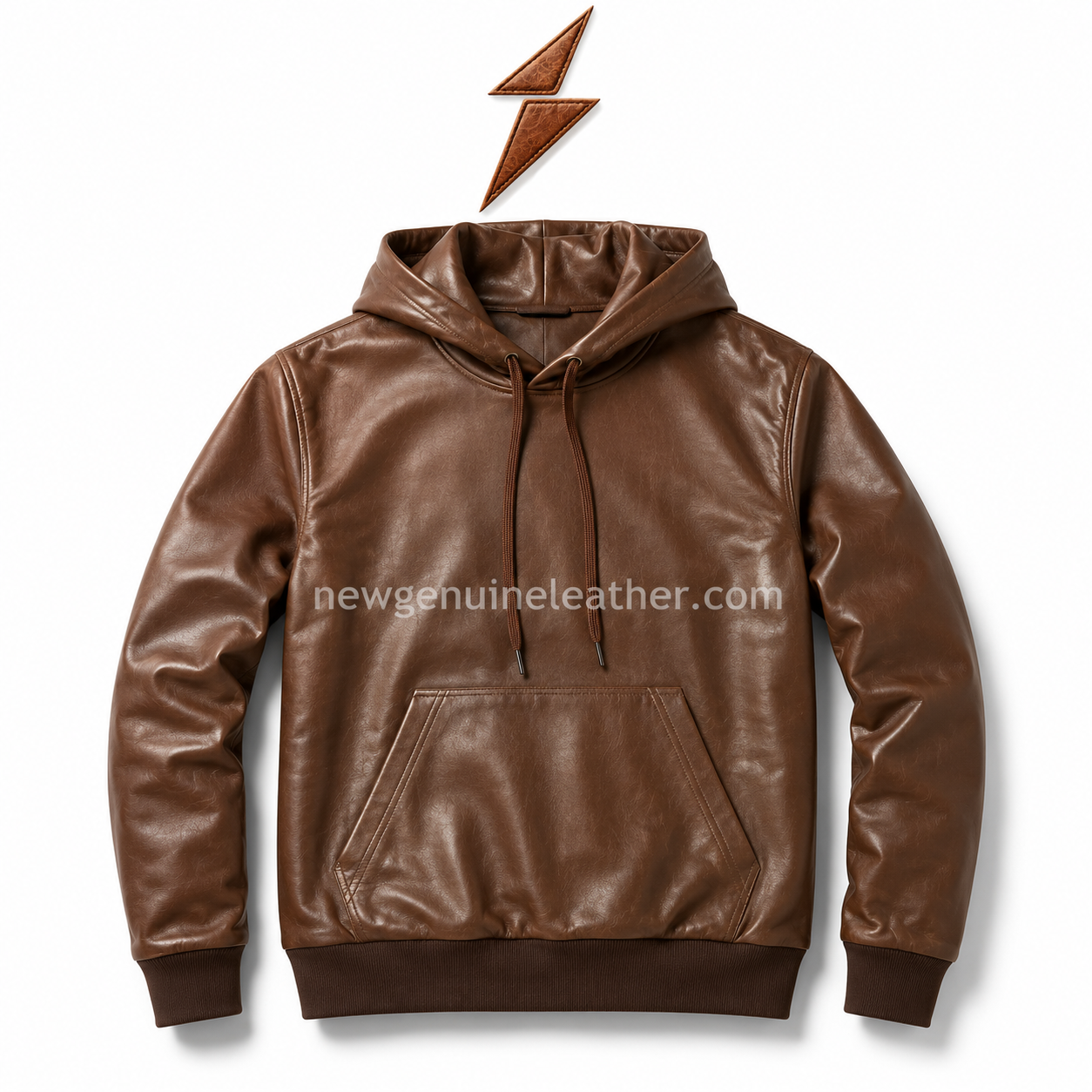 Wholesale Brown Leather Hoodie Jacket Brown leather hoodie jacket with pullover silhouette, attached hood, matching drawcords, stitched kangaroo pocket, and white studio background