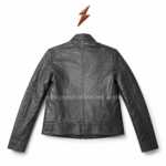 Charcoal cafe racer leather jacket with band collar, upper zip pockets, front zipper, and brown satin lining visible.