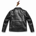 Black crocodile embossed biker jacket with multi-panel construction, zippered pockets, shoulder epaulettes, and polished silver hardware