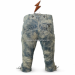 Wholesale distressed Bavarian leather lederhosen with rustic blue-grey beige surface, traditional front bib panels, side pockets, and newgenuineleather.com
