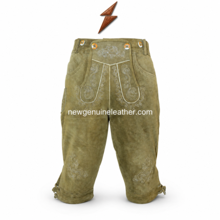 NGL embroidered leather lederhosen shorts with Bavarian floral stitching, suede texture, horn-style buttons