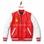 NGL branded flame patch varsity leather jacket displayed on a white studio background with red body, white sleeves, and clean logo