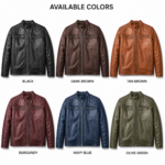 Multi color quilted leather jacket with biker-style front zip pockets, band collar, and stitched shoulder panels.