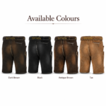 Wholesale embroidered leather lederhosen shorts displayed in four traditional leather colours
