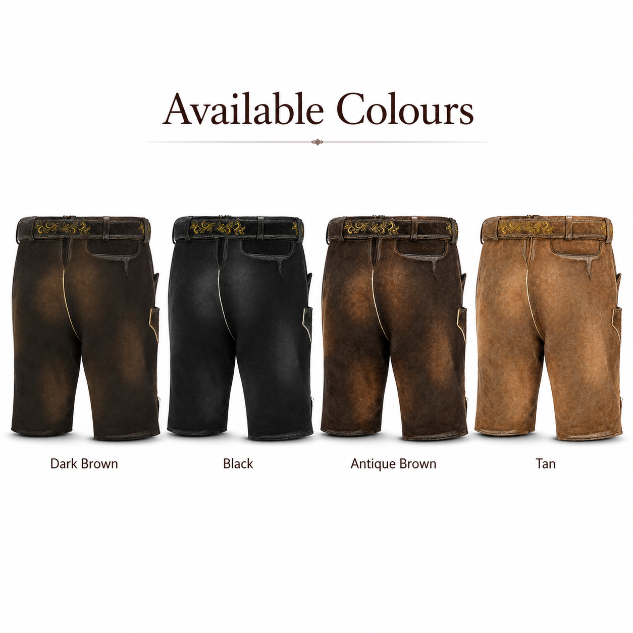 Wholesale Leather Lederhosen Shorts in 4 Colours Wholesale embroidered leather lederhosen shorts displayed in four traditional leather colours