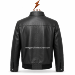 Wholesale leather outerwear black jacket with stand collar, front zipper, side zip pockets, ribbed hem, and NGL