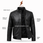 Black wholesale leather outerwear jacket with open front zipper, soft inner lining, smooth leather texture, and centered