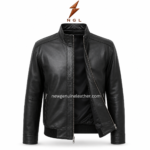 Back view of wholesale leather outerwear with smooth black leather panel, stand collar, shoulder seam, ribbed hem, and cuff detail.