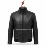 Product specs image of wholesale leather outerwear showing stand collar, front zip closure, side zip pockets, smooth finish, and ribbed hem.