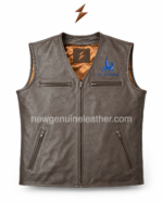 Multi color leather vest wholesale product image with zipper pockets, V-neck front, and color swatches