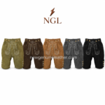 NGL olive suede lederhosen shorts with traditional Bavarian styling, white embroidery, horn buttons, suede texture, and white studio background