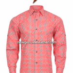 Wholesale red check Bavarian shirt with gingham fabric, long sleeves, front buttons and NGL branded product presentation