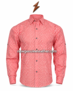 Wholesale red check Bavarian shirt with gingham fabric, long sleeves, front buttons and NGL branded product presentation