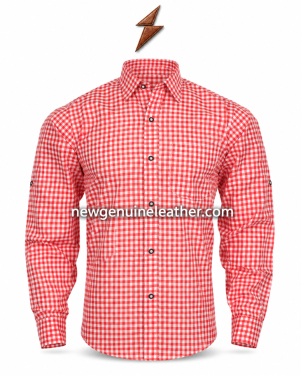 Wholesale red check Bavarian shirt with gingham fabric, long sleeves, front buttons and NGL branded product presentation
