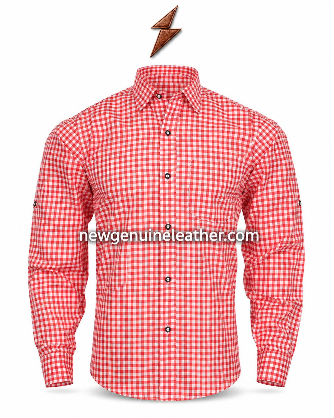 Wholesale Red Check Bavarian Shirt Wholesale red check Bavarian shirt with gingham fabric, long sleeves, front buttons and NGL branded product presentation