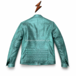 Wholesale teal biker leather jacket with aqua-green distressed finish, full front zip closure, dual chest pockets, and newgenuineleather.com watermark