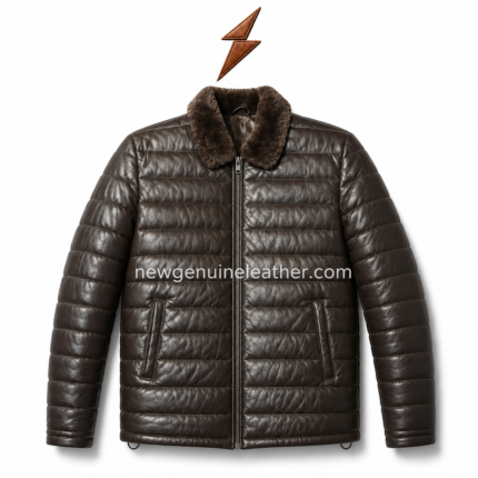 Dark brown leather puffer jacket colour range image with black, tan, camel and chocolate
