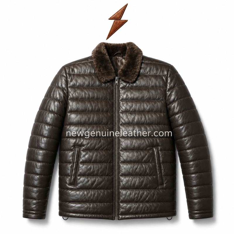 Dark brown leather puffer jacket colour range image with black, tan, camel and chocolate