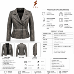 Women biker jacket front view with distressed grey leather finish, lapel collar, asymmetrical zipper, waist zip pockets
