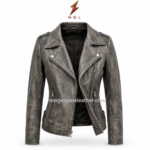 Women biker jacket inner view with black lining, open diagonal zipper, lapel collar, metal snap buttons and waist zipper pockets.